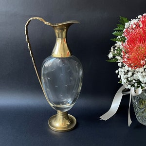 Vintage Italian Crystal Glass and Gilden Brass Wine Decanter ,  Mid-century Italian Liquor Carafe , Crystal Glass Wine Pitcher Jug
