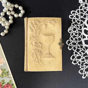 Antique French Paroissien Romain Book of Prayer Ornate Cover , Victorian Catholic Prayer Book , White Celluloid Catholic missal book c.1900