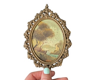 Paesaggio dipinto a olio fiorentino vintage, paesaggio dipinto a olio italiano con cornice ovale ornata, paesaggio a olio con cornice ovale in miniatura vintage