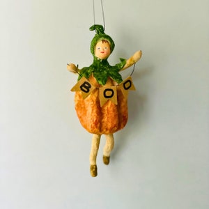 Pumpkin Doll Halloween Decor , Handmade Spun Cotton Pumpkin Hanging Figure , Vintage style Pumpkin Girl Figure Folk Art Halloween Ornament