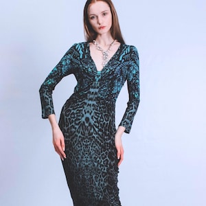 Vintage Roberto Cavalli Leopard Print Dress , Green and Black Animal Print Dress , Italian Designer Long Sleeve Midi Dress Size US8/ M