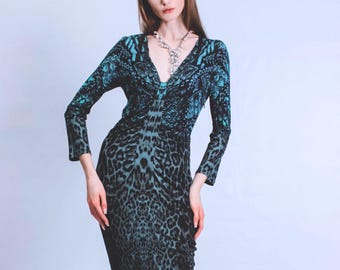 Vestido midi vintage con estampado de leopardo de Roberto Cavalli