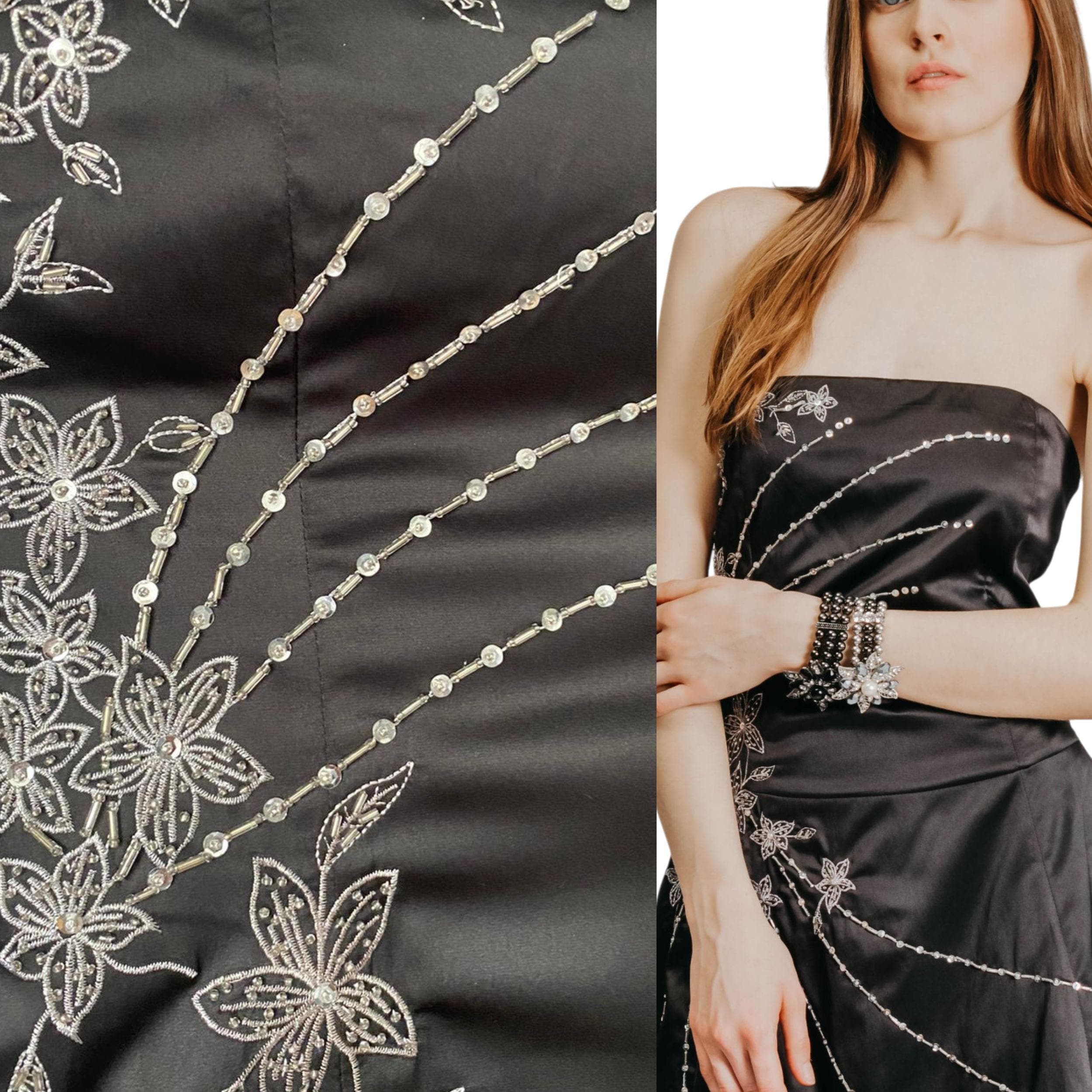 Vintage Black Corset Dress: Jane Norman Embroidery Prom Dress (Size L/UK 14/USA 12)
