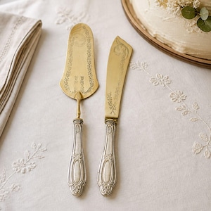 Antique Silver Plated Cake Server and Cake Knife Set , Art Nouveau Italian Cake Server Set Cutlery Summer Wedding Decor