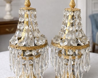 Antique Italian Two Drops Crystal Montgolfier  Table Lamps , Pair of Brass Empire Style bedside lamps