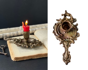 Antique Bronze French Chamber Candlestick Holder , Victorian style Ornate Bronze Candlestick , Bronze To Bed Chamberstick with Handle
