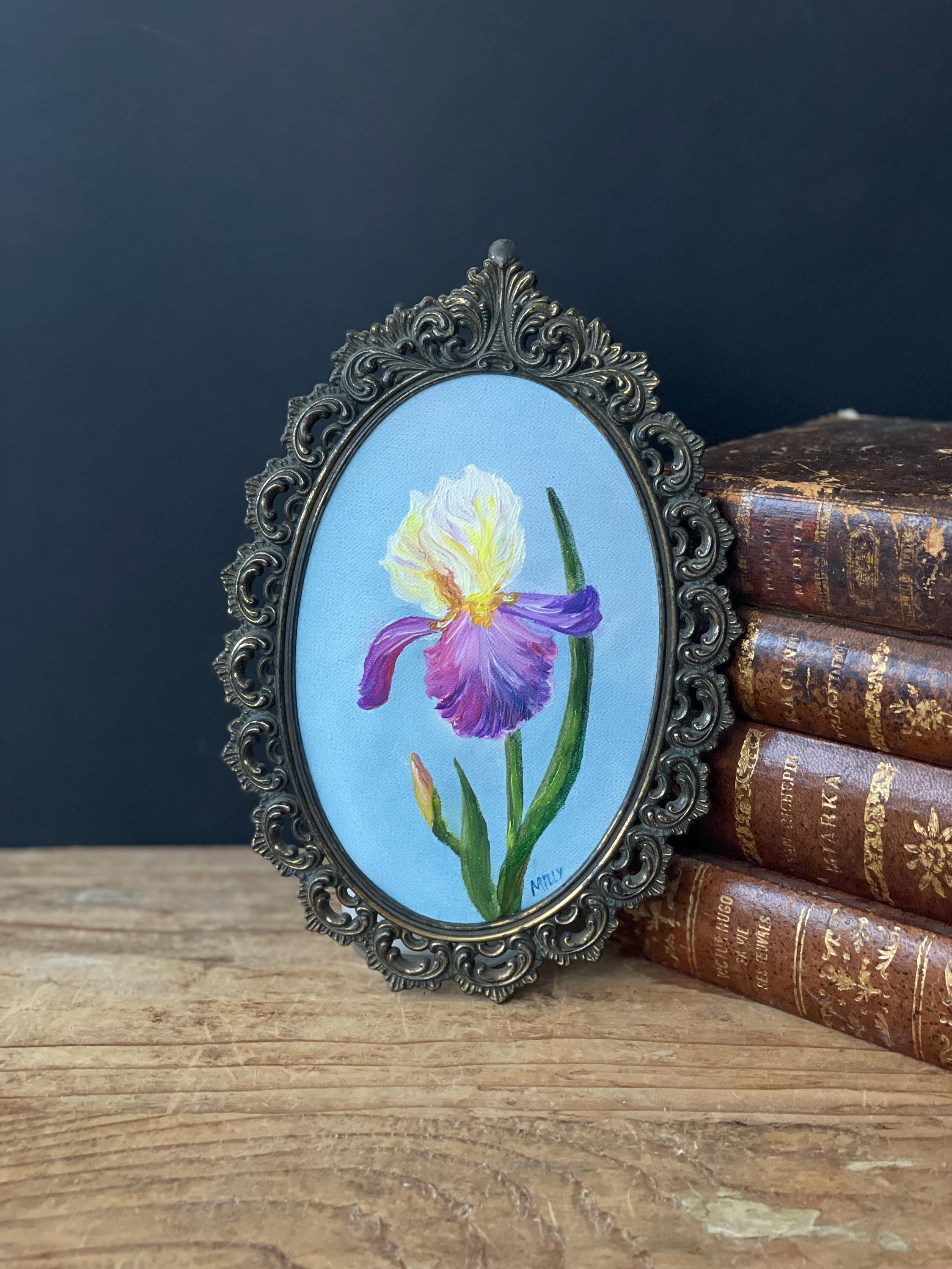 Purple Iris Oil Painting Vintage Ornate Frame , Italian Signed Oil Painting Iris Flower Oval Frame , Botanical Artwork Best Home Gift