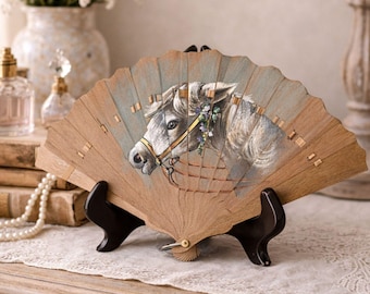 Vintage Small Handcrafte Wooden Hand Fan , Italian Edwardian Hand Painted Horse Folding Fan Boxed