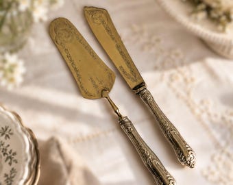Vintage Art Nouveau Style Silver Plated Cake Knife and Server Set , Italian Engraved Floral Cake Cutting Set , Romantic Wedding Bridal Gift