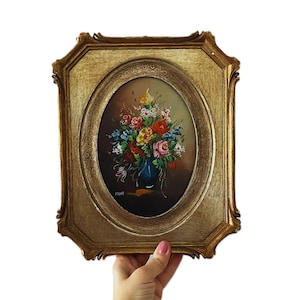 Vintage Italian Flowers Theme Oil Painting , Florentine Gilded Ornate wood Frame, Signed Art