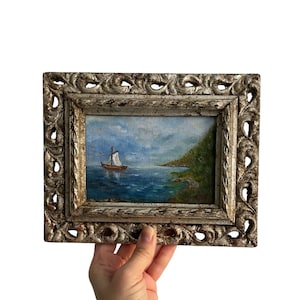 Vintage Ornate Wood Frame with Original Oil Painting Seascape , Framed Sailing Ship Oil Painting , Italian Oil Painting Boat at Sea