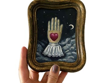 Original Heart in Hand Oil Painting with Vintage Gilt Frame , Italian Victorian Gothic Wall Symbolic Artwork , Dark Academia Decor
