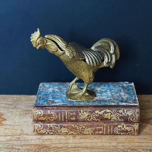 Könnte beinhalten: Eine goldene Metall-Hahnfigur mit einem Scharnierdeckel, die auf zwei antiken Büchern mit goldenen Lettern steht. Die Bücher sind mit "Storia d'Italia" und "Storia di Francia" betitelt.