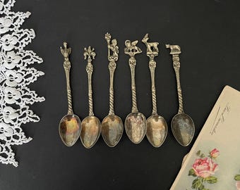 Antique Italian Silver Plated Set of 6 Coffee Spoons , Ornate Figural Collectible Spoons , Montagnani Style Italian Souvenir Spoons Set
