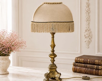 Vintage Italian Brass Boudoir Lamp with Fringe Shade , Romantic Cottage Chic Lighting , Cottagecore Bedroom Table Lamp
