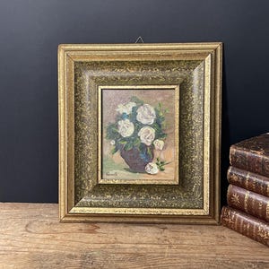 Ramo de rosas blancas italianas vintage enmarcado, firmado por Ferinello, ramo abstracto de flores, pintura al óleo de naturaleza muerta floral enmarcada, regalo para mamá