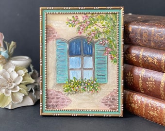 Window Still life Signed Original Oil Painting on Canvas Vintage Florentine Wood Frame , Framed Oil Painting Blooming Window Still life