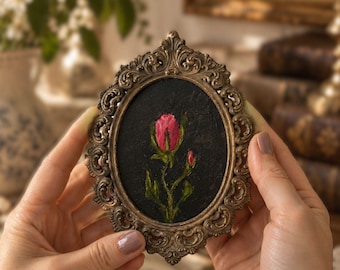 Italian Original Red Rose Miniature Oil Painting in Ornate Vintage Oval Frame , Framed Hand Painted Tiny Rose Dark Romantic Floral Artwork