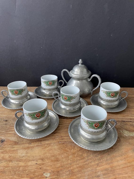 Lot De 2 Tasses à Expresso Avec Soucoupes + Porte-tasse + Sucrier - Étain - Motif Fleur