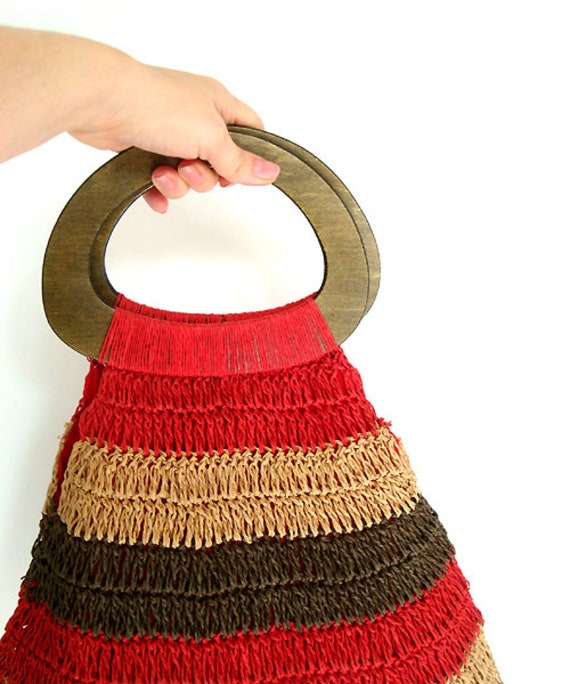 Vintage Crochet Boho Bag with Wooden Handles , Ha… - image 4