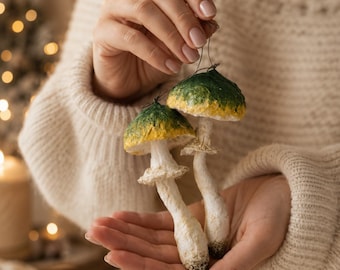 Handmade Spun Cotton Fly Agaric Mushroom Ornaments  Set of 2 , Vintage Style Christmas Tree Decorations , Woodland Cottagecore Holiday Decor
