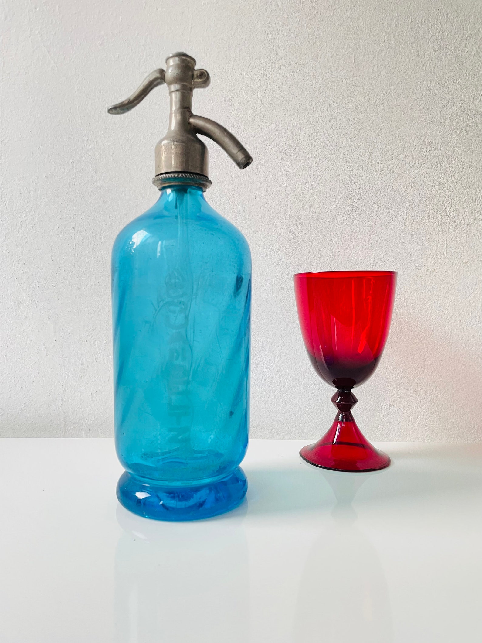 Antique Italian Seltzer Bottle Blue Soda Siphon , Art Deco Green Glass