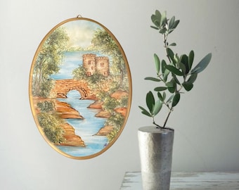 Vintage Italian Porcelain Plaque: Tuscan Landscape Painting