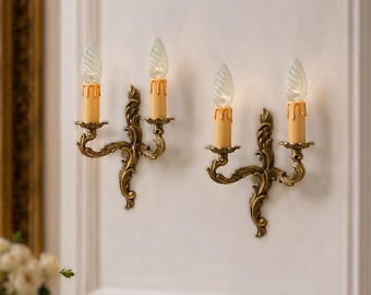 Vintage Italian Brass Wall Sconces , Pair of Rococo Wall Lights Hollywood Regency Baroque Lighting , Ornate Italian Wall Lamps