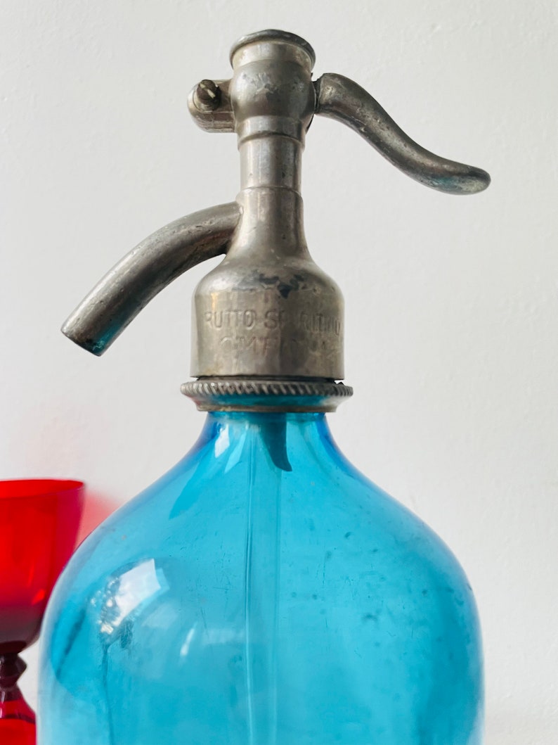Antique Italian Seltzer Bottle Blue Soda Siphon , Art Deco Green Glass