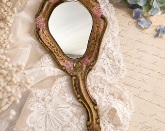 Vintage Italian Florentine Pink Hand Mirror , Ornate Gold Gilt Vanity Mirror , Romantic Dressing Table Decor , Unique Gift for Her