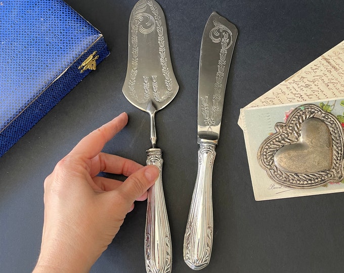 Antique Silver Cake Server and Cake Knife Set Boxed , Art Nouveau Style
