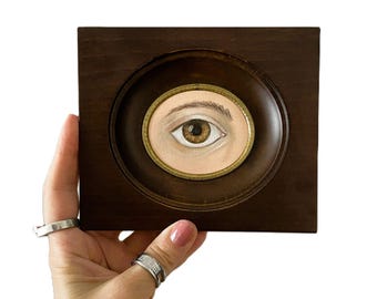 Vintage peinture à l'huile oeil d'amant encadrée, oeuvre d'art originale miniature italienne, peinture des yeux