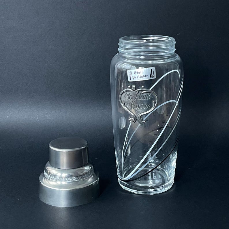 Vintage French Glass Cocktail Shaker , Glass and Pewter Shaker Bar Accessories, Cocktail Shaker Bar Cart Decor Wedding Party Cocktail Shaker