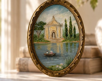 Italian Villa Borghese Original Oil Painting in a Vintage Oval Gilt Wood Frame , Framed Romantic Roman Garden Landscape Wall Art