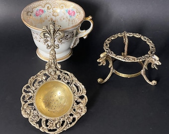 Antique Brass Tea Strainer with Stand: Italian Fleur de Lis Design