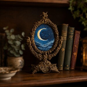 Original Moon and Stars Original Oil Painting in Antique Ornate Victorian Table Mirror , Gothic Night Sky Art , Dark Academia Decor