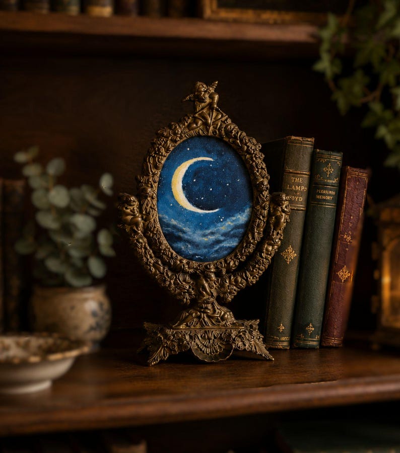 Original Moon and Stars Original Oil Painting in Antique Ornate Victorian Table Mirror , Gothic Night Sky Art , Dark Academia Decor