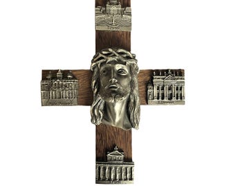 Vintage Italian Wood and Pewter Crucifix with Rome Church Plaques , Unusual Rare Symbolic Catholic Wall Cross Religious Wall Decor Gift