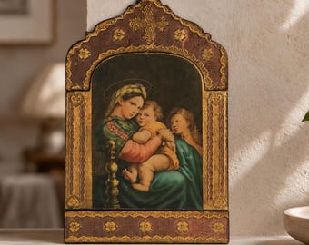Vintage Florentine Madonna and Child Plaque Gold Leaf Wood  , Large Italian Gilt Wood Renaissance Style Religious Art Madonna della Seggiola