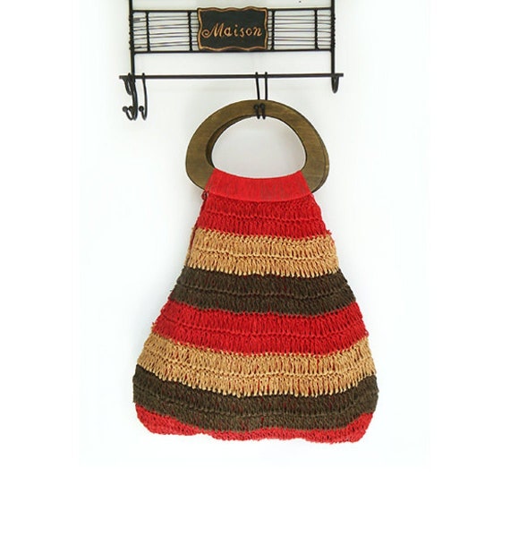 Vintage Crochet Boho Bag with Wooden Handles , Ha… - image 1