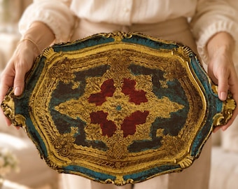 Vintage Florentine Wood Blue and Gold Tray , Italian Decorative Serving Tray Ornate Baroque Style , Boho Home Decor Hostess Gift