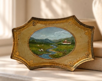 Vintage Florentine Landscape Oil Painting Framed , Atmospheric Italian Countryside Art in Ornate Wood Gilt Frame , Tuscan Moody Wall Art