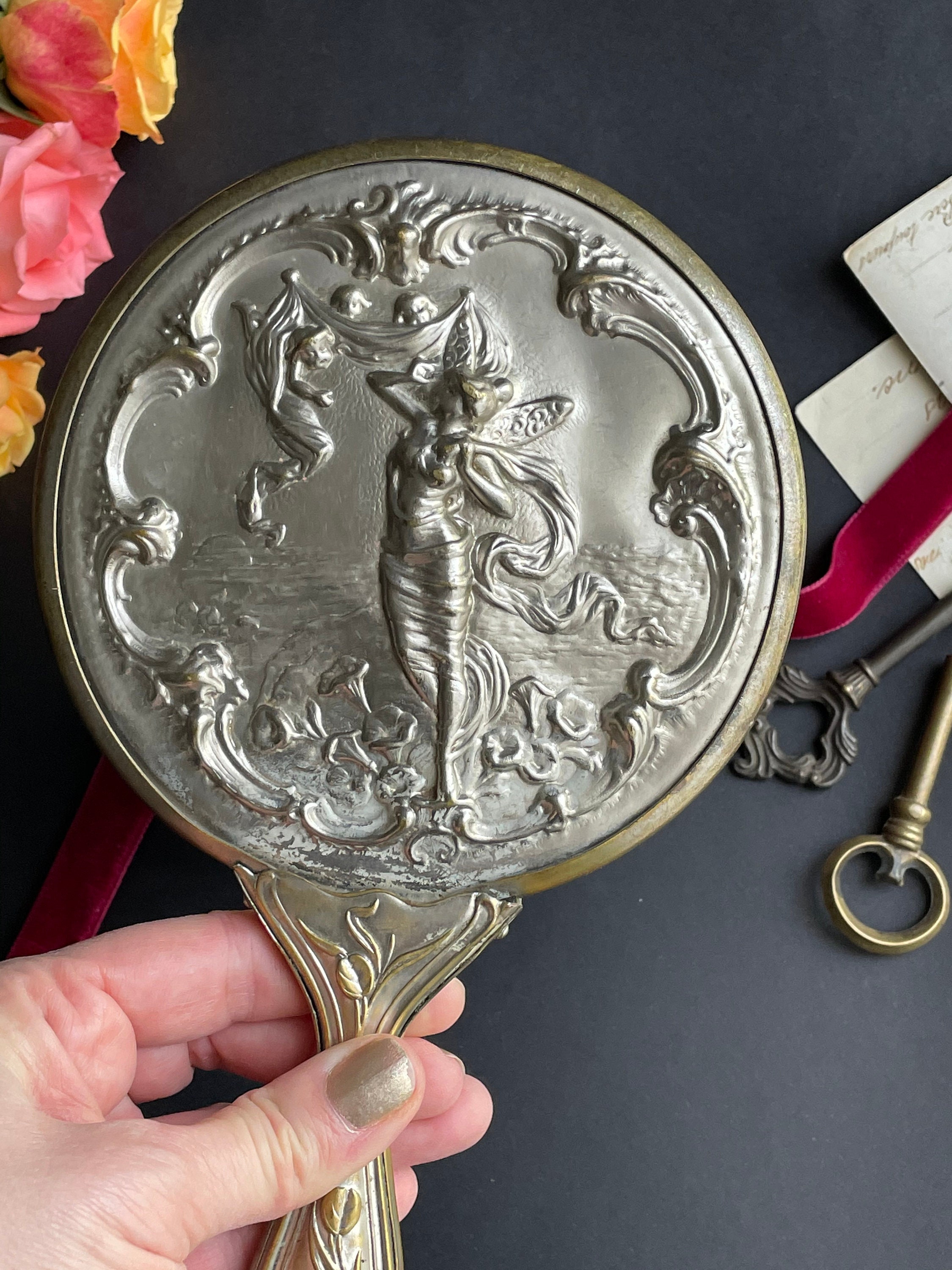 Rare Antique Art Nouveau Hand Mirror French Silver Plated Etsy