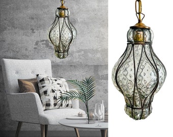 Vintage Murano hanglantaarnlamp, Venetiaanse handgeblazen lantaarnhanglamp, Italiaanse Seguso-stijl glazen bol hanglamp