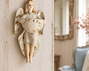 Vintage Italian Porcelain Angel Holy Water Font , French White Ceramic Wall Blessing Holder , Catholic Church Decor Sacred Art Wall Gif