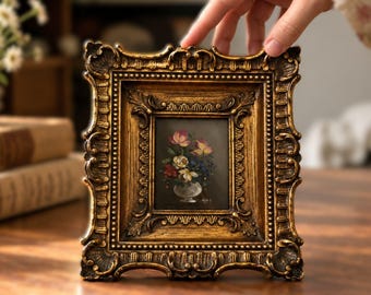 Vintage Italian Floral Oil Painting in Ornate Gilt Wood Frame , Signed Original  Still Life Flower Bouquet Romantic Wall Decor