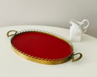 Vintage Art Deco style Red Tray: Italian Vanity Serving Tray Brass decor