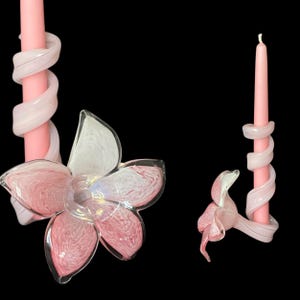Vintage Murano Handblown Glass Pink Flower Candlestick , Murano Pink and White Flower Candle Holder Italian Art Glass Floral Sculpture