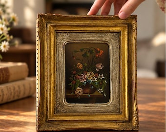 Vintage Italian Floral Oil Painting in Ornate Gilt Wood Frame , Signed Original  Still Life Flower Bouquet Romantic Wall Decor