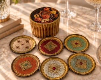 Vintage Florentine Coaster Set of 6 in Original Box , Italian Ornate Drinkware Mat Set Unique Barware Gift